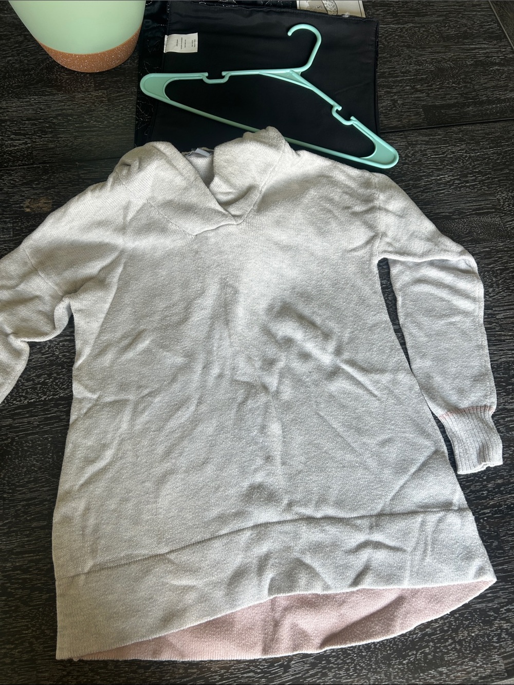 Market & Spruce Light Gray and Pink Hooded Pullover Sweater
